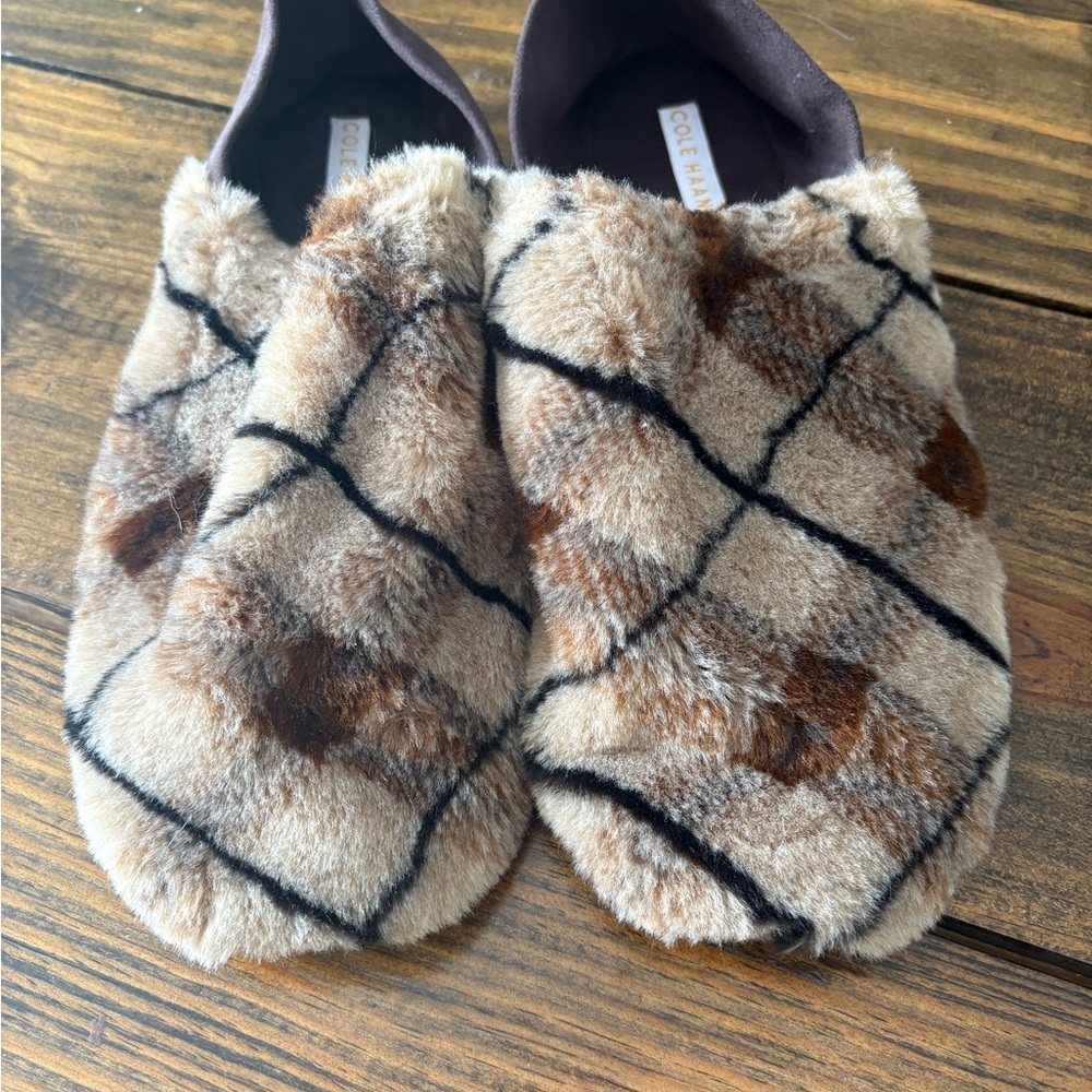 Cole Haan Brown Plaid Faux Fur Shearling Slippers